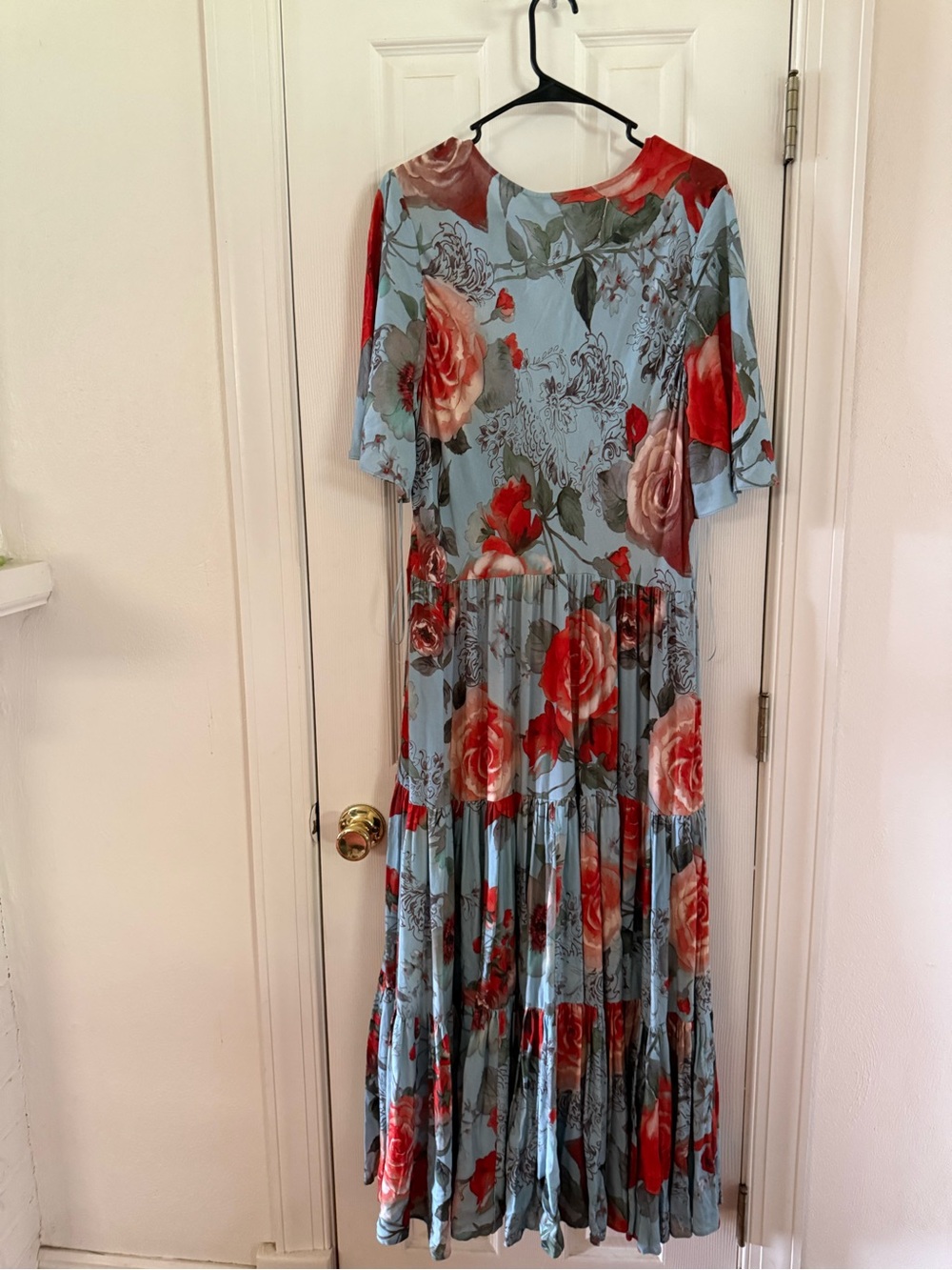 Soft Surroundings Floral V-Neck Tiered Maxi Dress - Sage with Red Rose Print - Picture 3 of 3